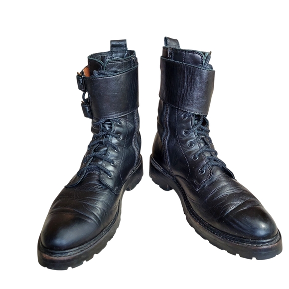 Frye Julie Biker Engineer Black Leather Lace-up Lug Sole Boots - Picture 6 of 15